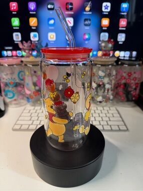 Winnie The Pooh Glass Tumbler With A  Red Lid & Glass Straw.